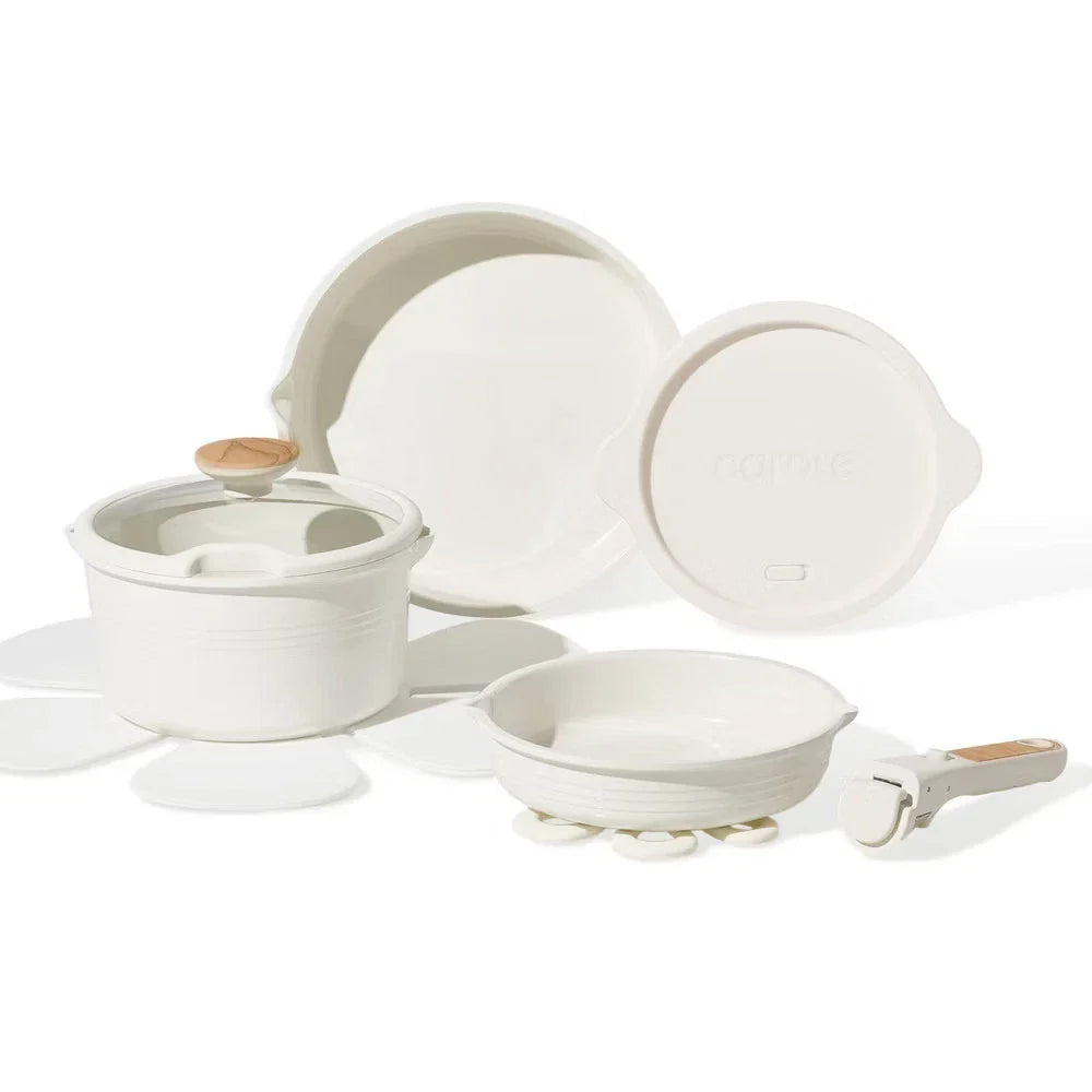 10pc Ceramic Nonstick Cookware Set with Detachable Handle Cream