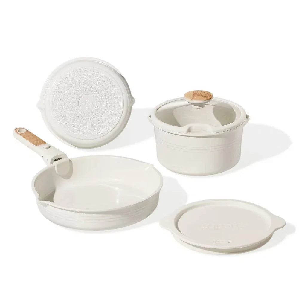 10pc Ceramic Nonstick Cookware Set with Detachable Handle Cream