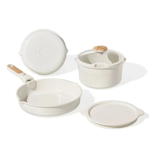 10pc Ceramic Nonstick Cookware Set with Detachable Handle Cream